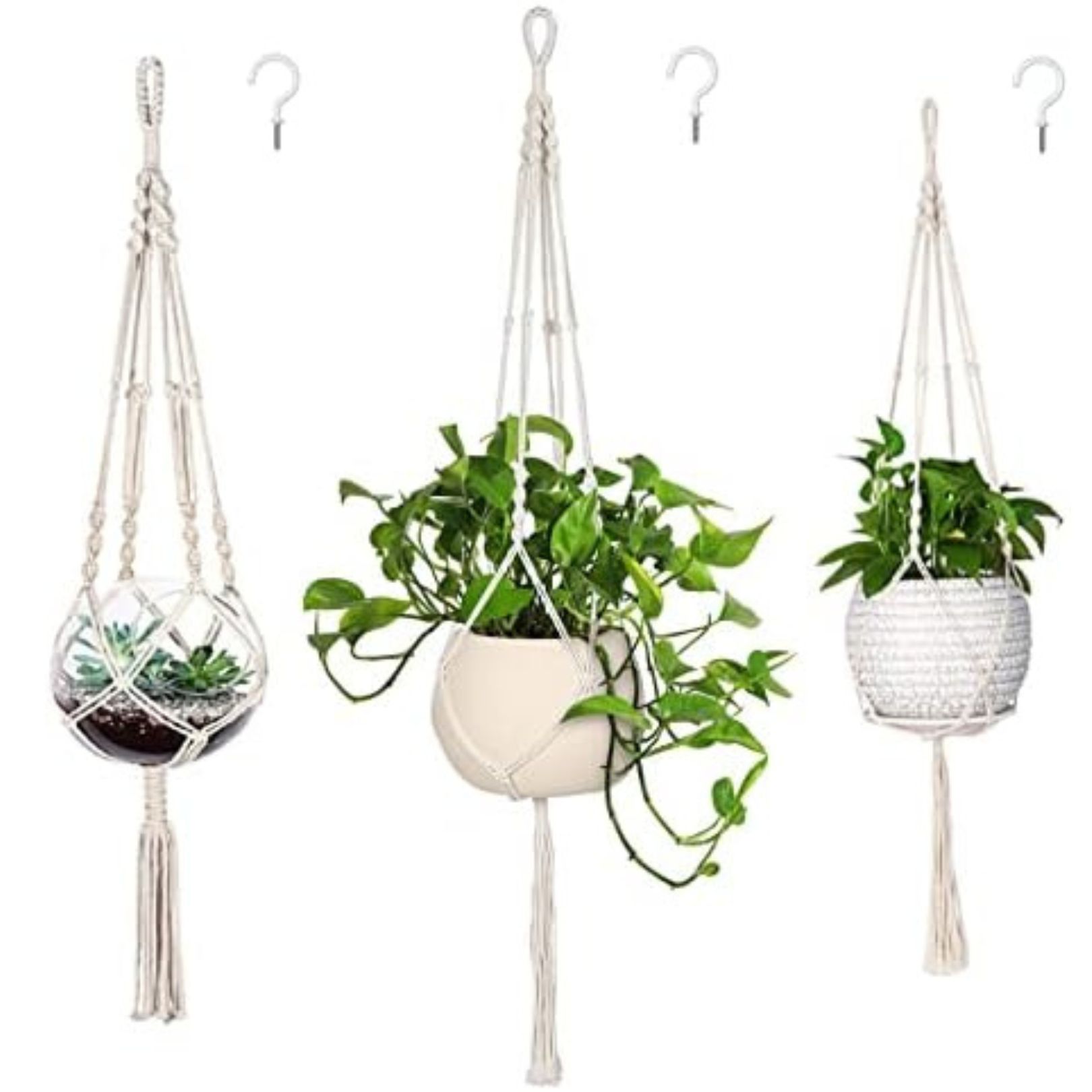 set of 3 white boho style macrame plant hangers