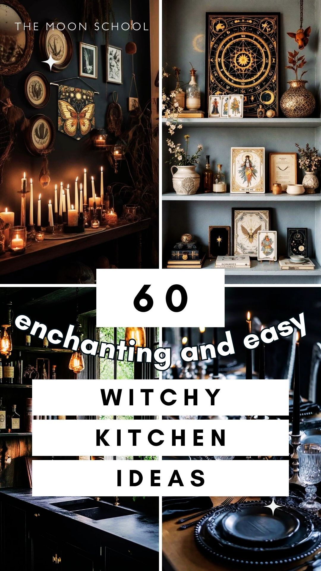 4 collage pin of witchy house decor cottagecore kitchen ideas