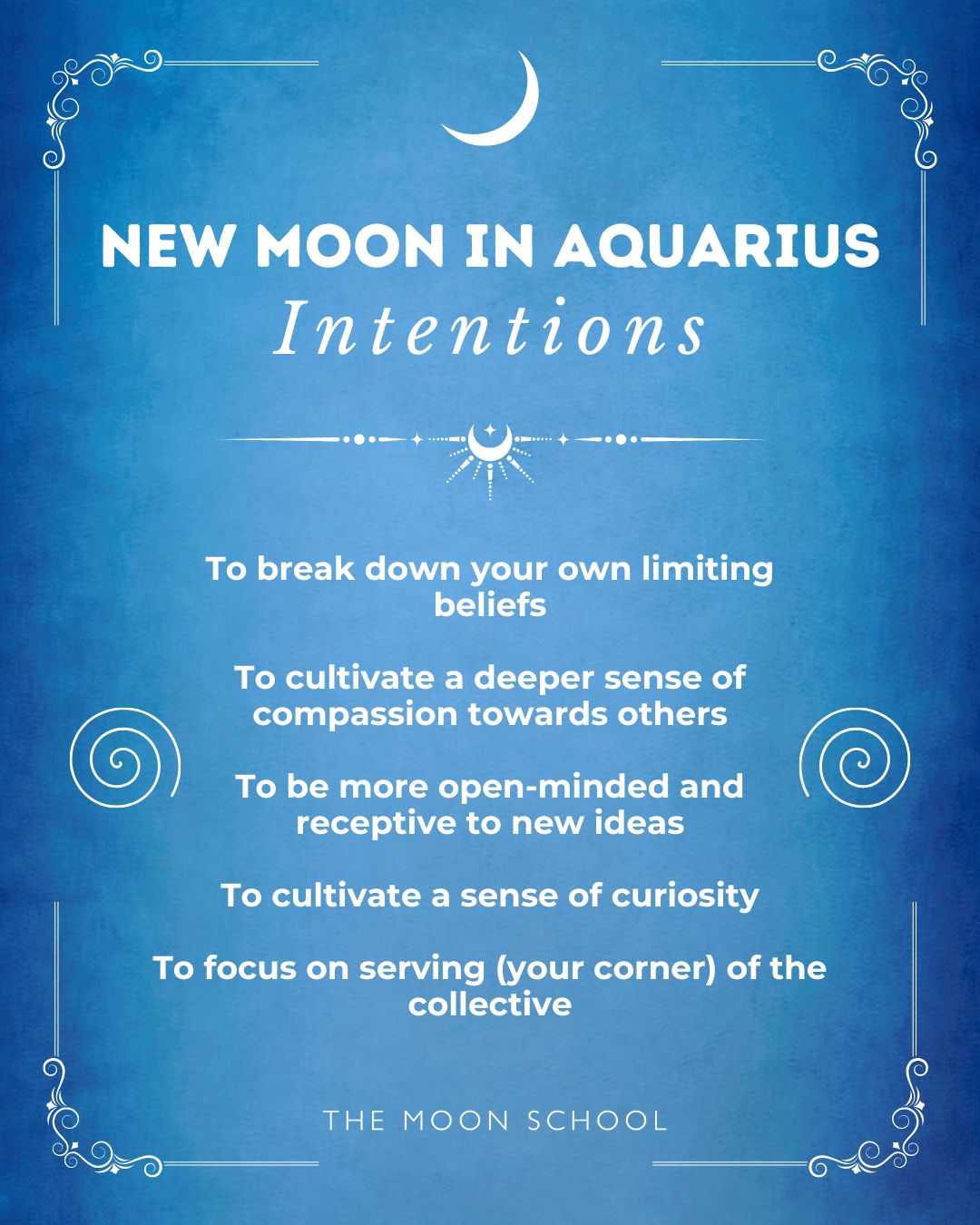 WItchcraft grimoire spell book page showing 5 new moon in aquarius intentions
