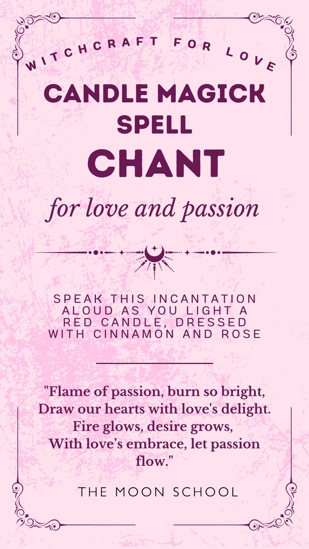 Light pink feminine colour grimoire spell book page with a candle magick love spell chant for passion