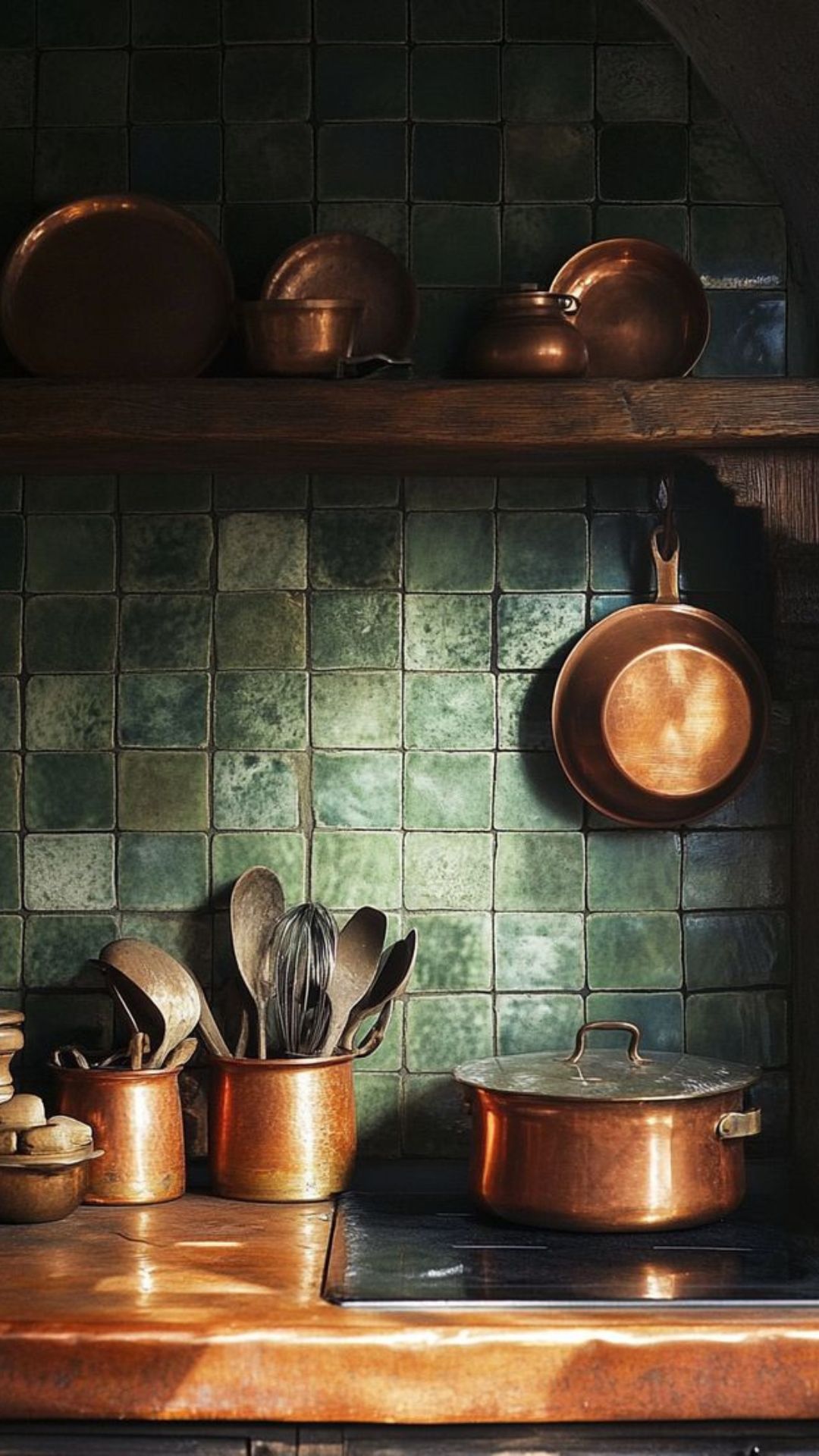 Stunning stylish witchy kitchen with green stoneware tiles and copper pans hanging