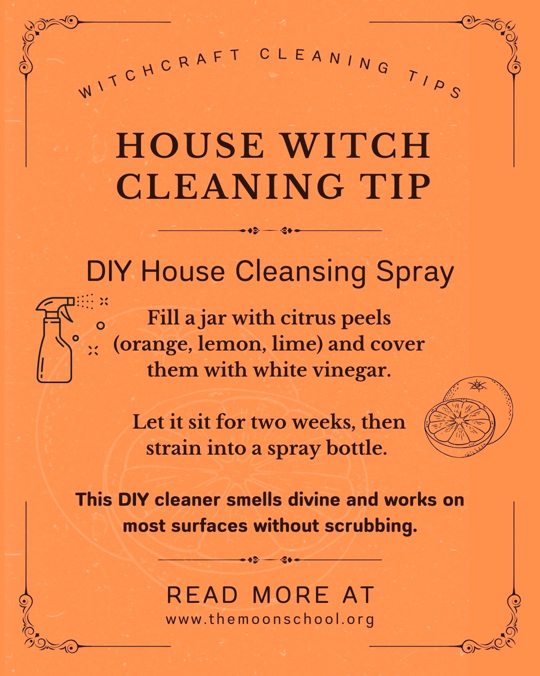 Orange spell book page showing a recipe for house cleansing spray spell