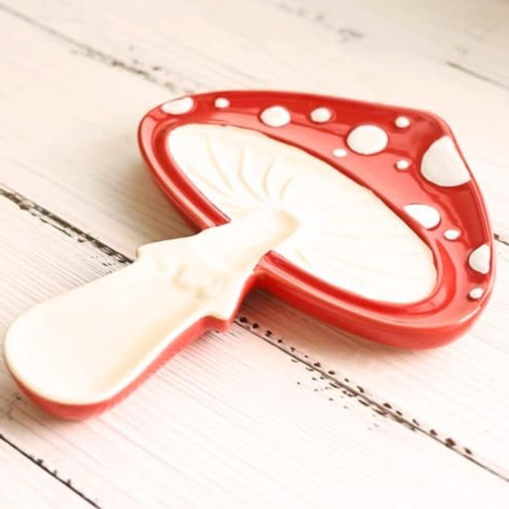 Red and white ceramic mushroom shaped kitchen cooking spoon holder whimsigoth witchy aesthetic