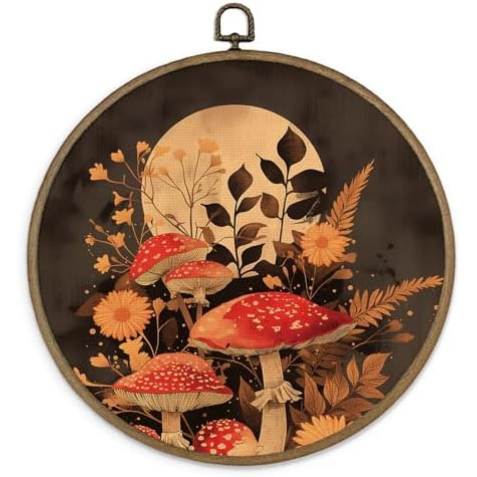Dark whimsigoth circular art print of mushrooms and a full moon