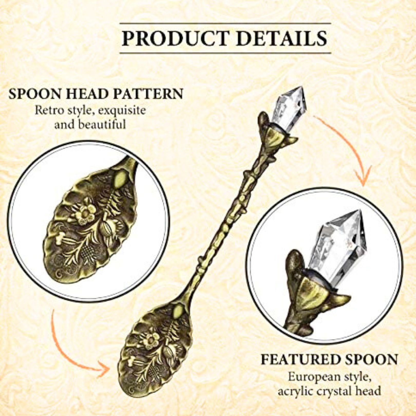 Diagram of a witchy teaspoon showing ornate moulding and crystal top 