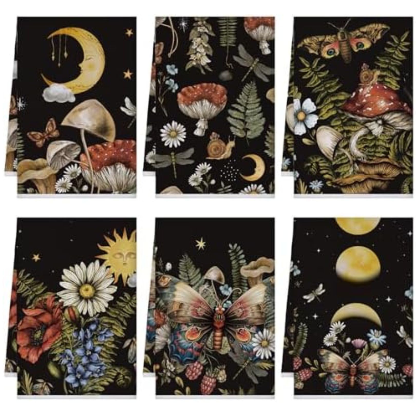 6 cottage witchy dark tea towels botanical print whimsy design