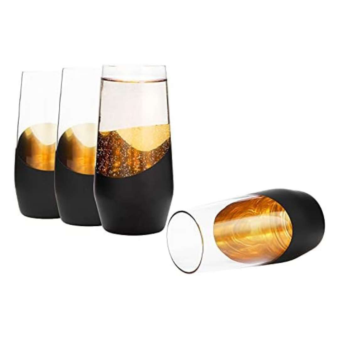 Set of 4 witchy style black and gold dipped stemless champagne flutes dark gothic home style