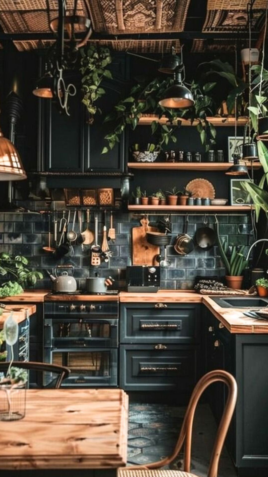 Dark green forest witch kitchen aesthetic