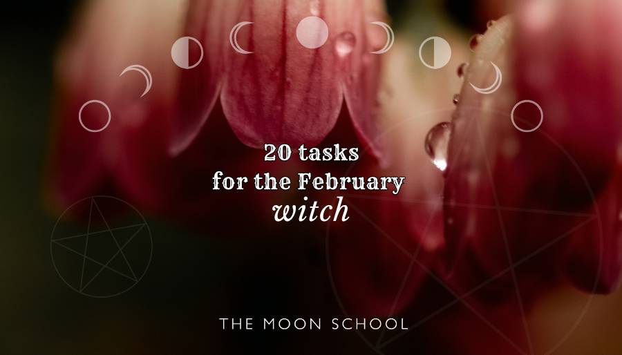 Beautiful, delicate, dark pink Spring flower with title: 20 Tasks for the February Witch