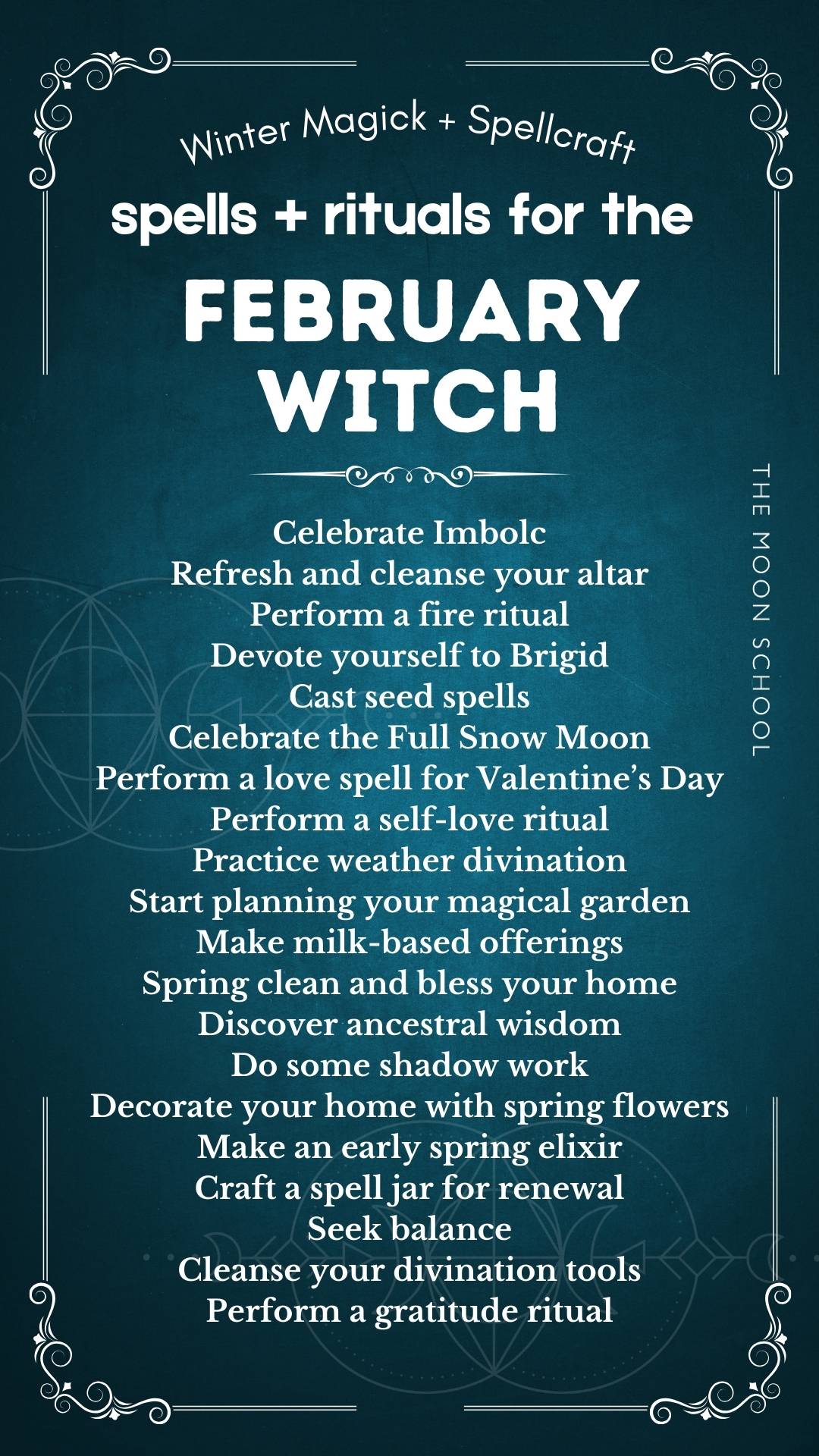 List of 20 Tasks for the witch in February with spells, rituals, craft ideas. On a dark blue spell book page/ book of shadows