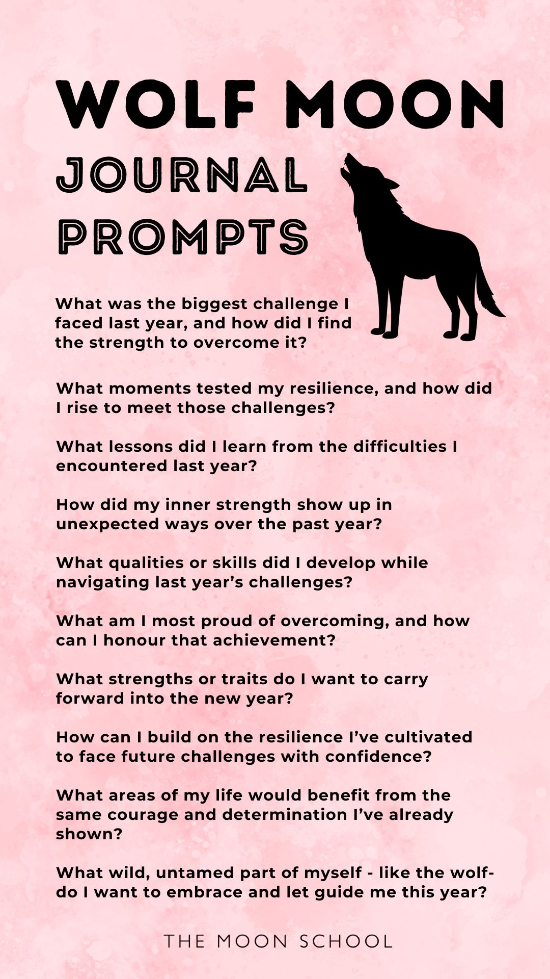 Pink book of shadows spell book page with a list of 10 writing prompts for the January full wolf Moon