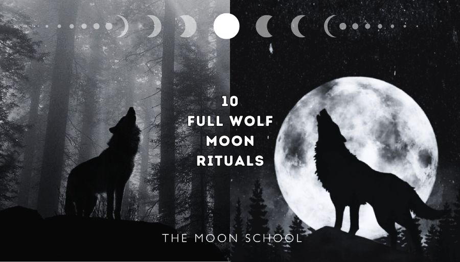 Image of two wolves howling at the full Moon with title: 10 Full Wolf Moon rituals