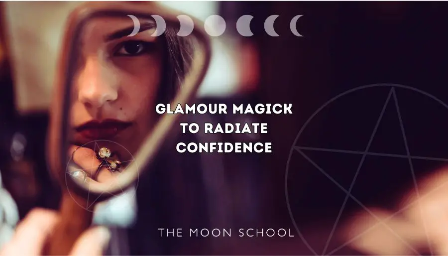 Magickal woman looking in a hand mirror casting a beauty spell