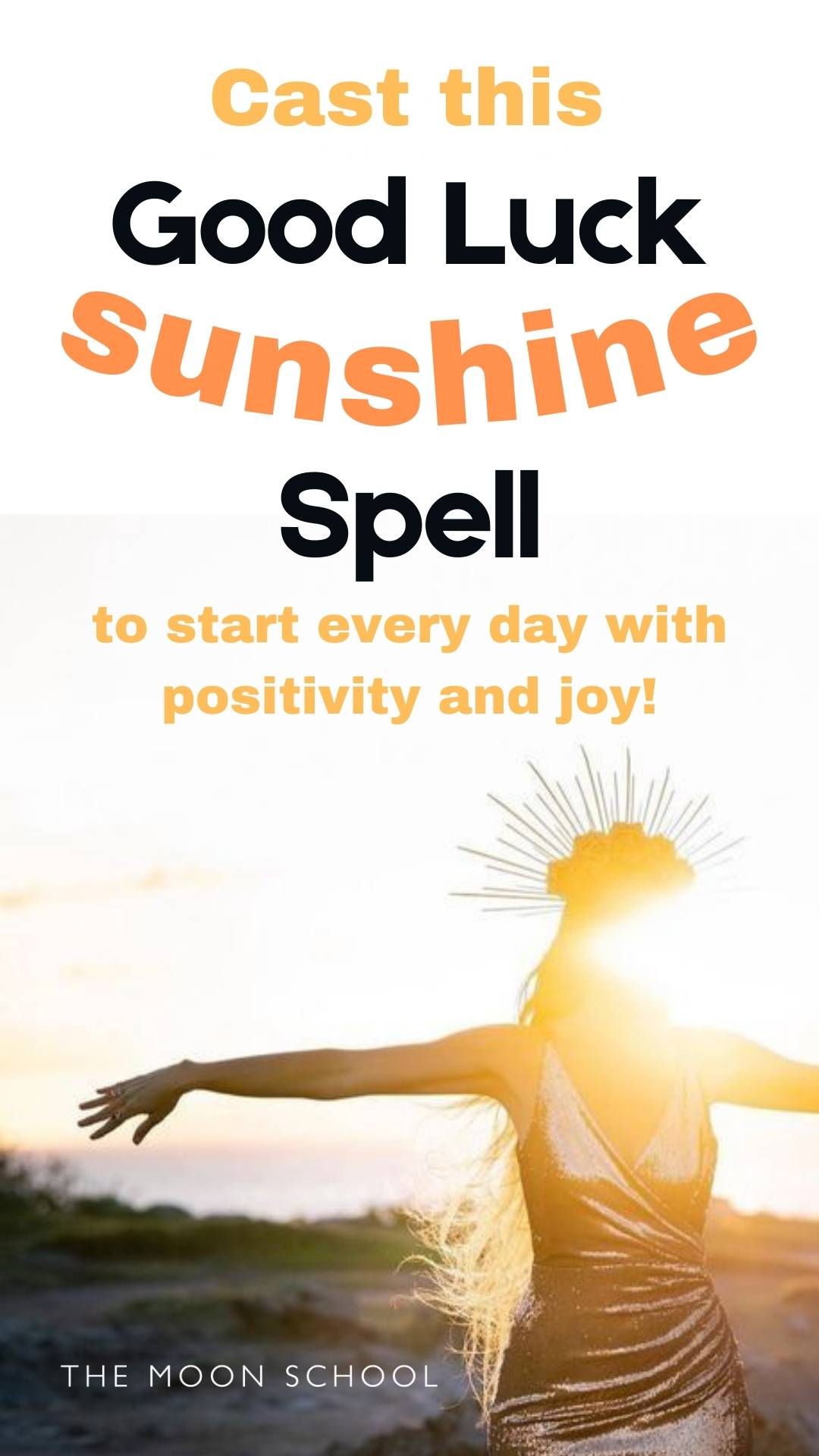 Beautiful witchy woman in a crown dancing in the sunshine casting a good luck spell in the morning light