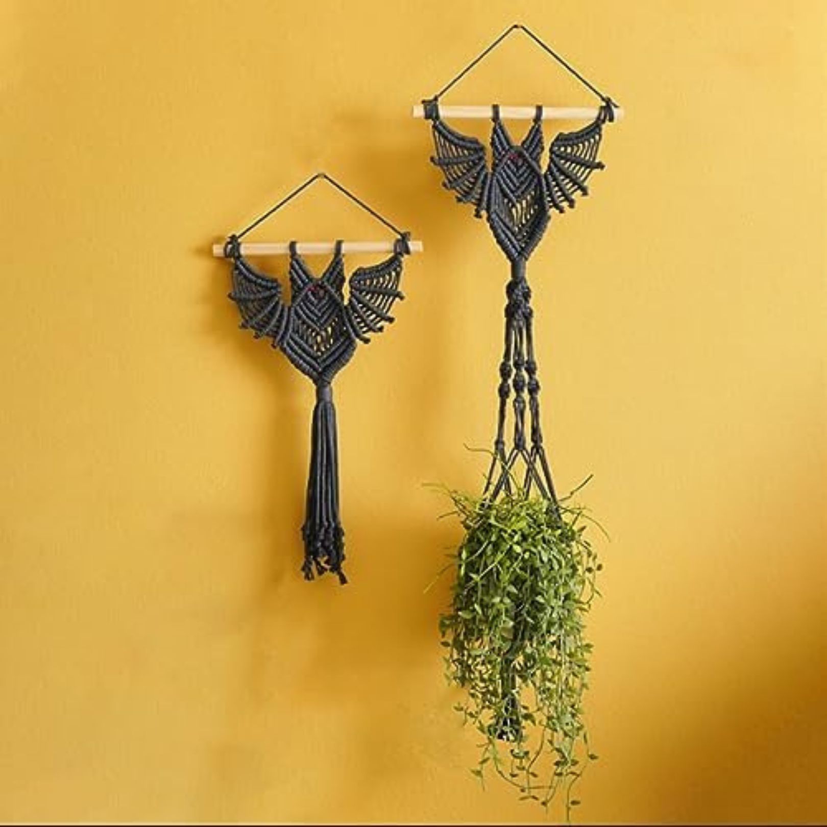set of 2 bat shaped witchy black macrame hangers on a yellow background