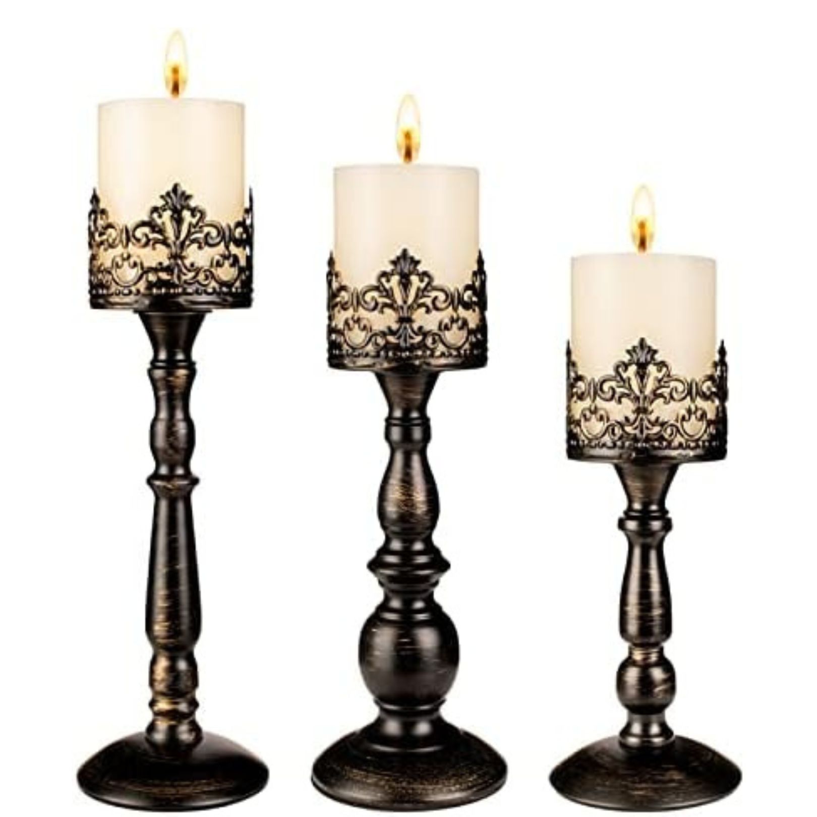 Set of 3 gothic style black pillar candle holders