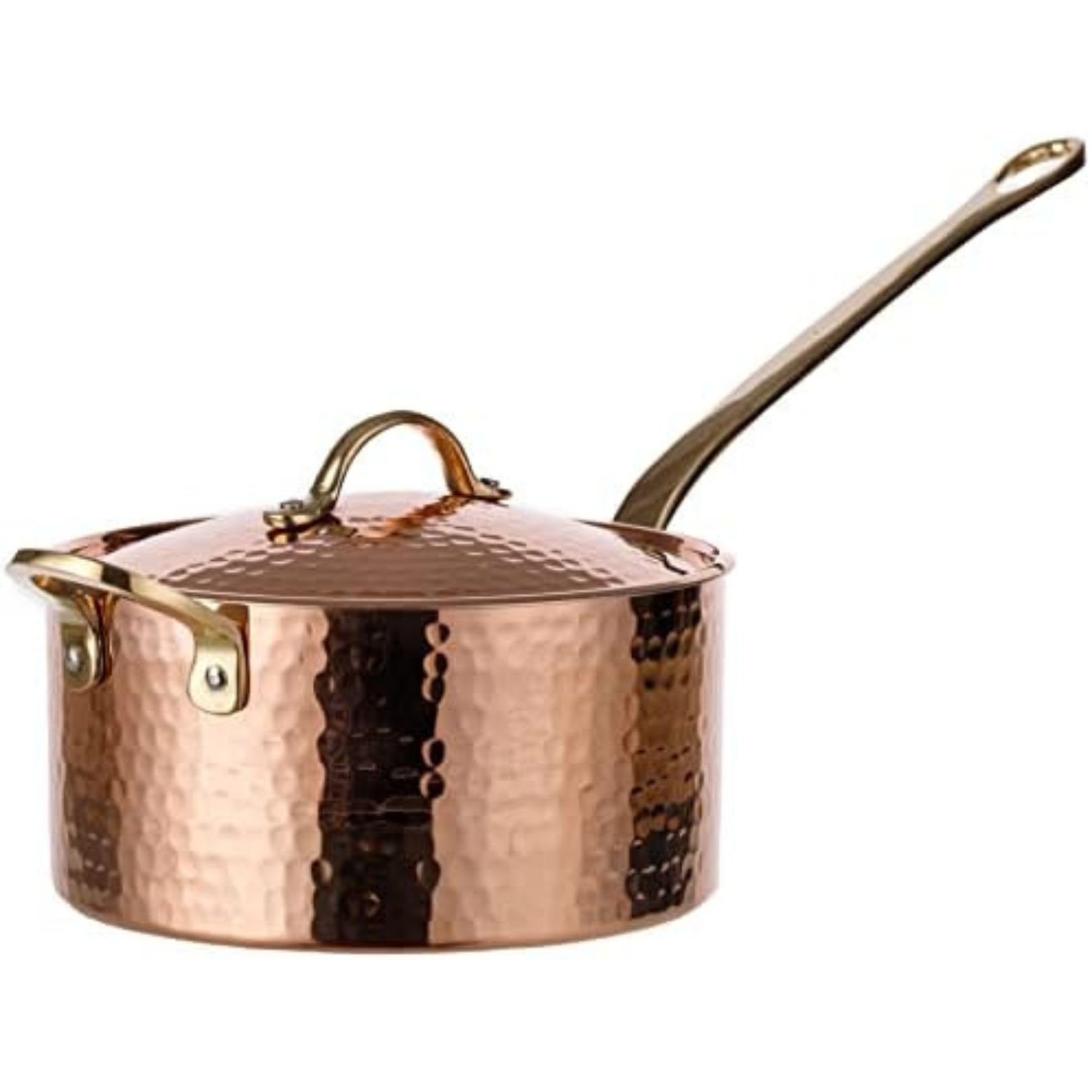 Copper pan with lif and handle on a white background