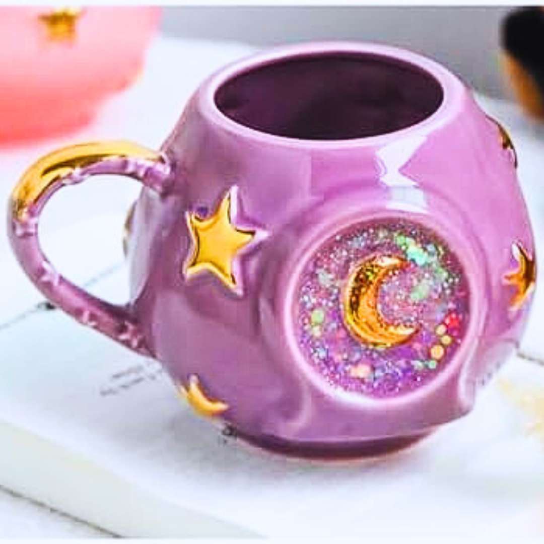 Handmade Purple mug with celestial star and moon design with Whimsy aesthetic style