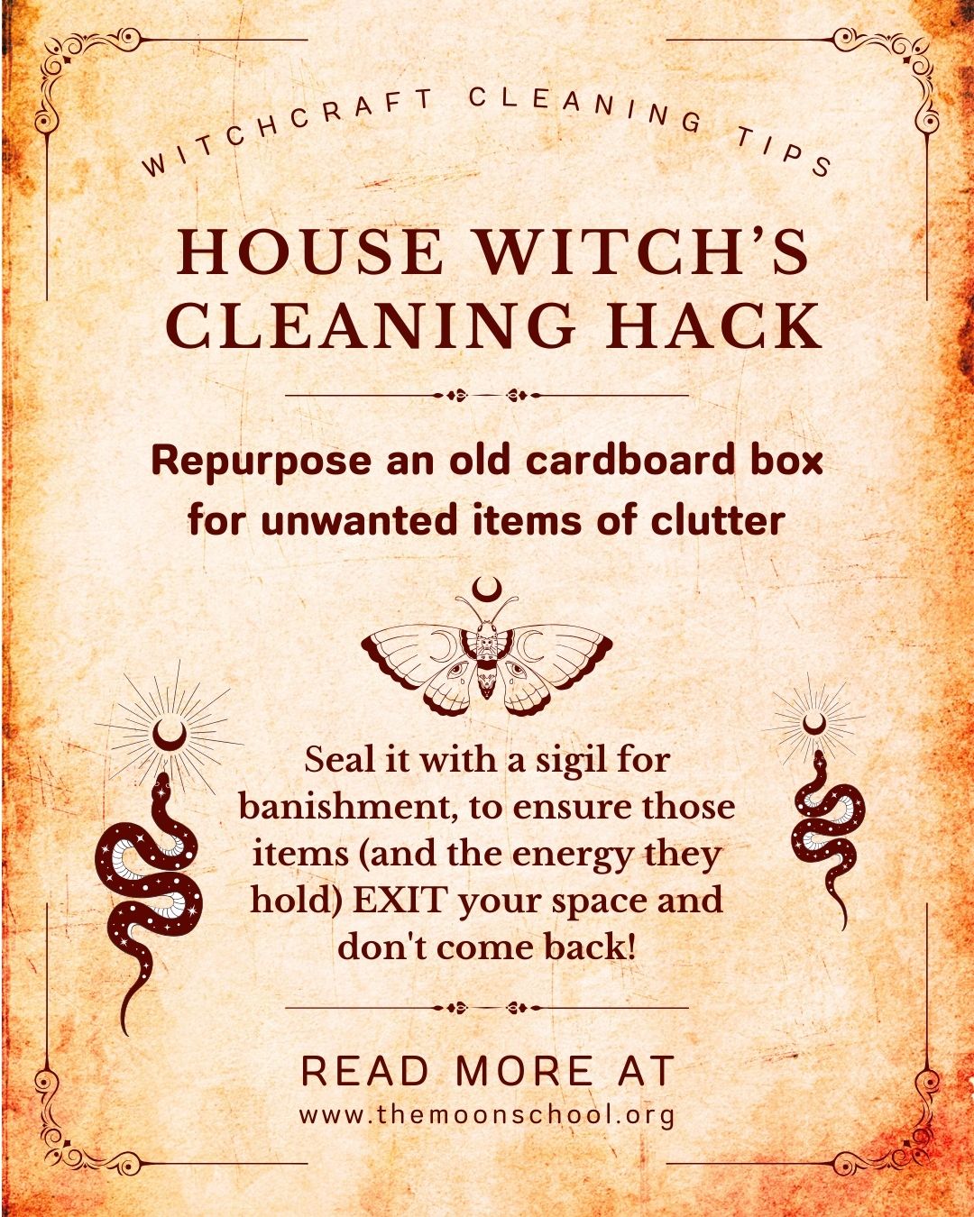 Grimoire page from spell book showing House cleaning tip to banish clutter and witchy ways to tidy up