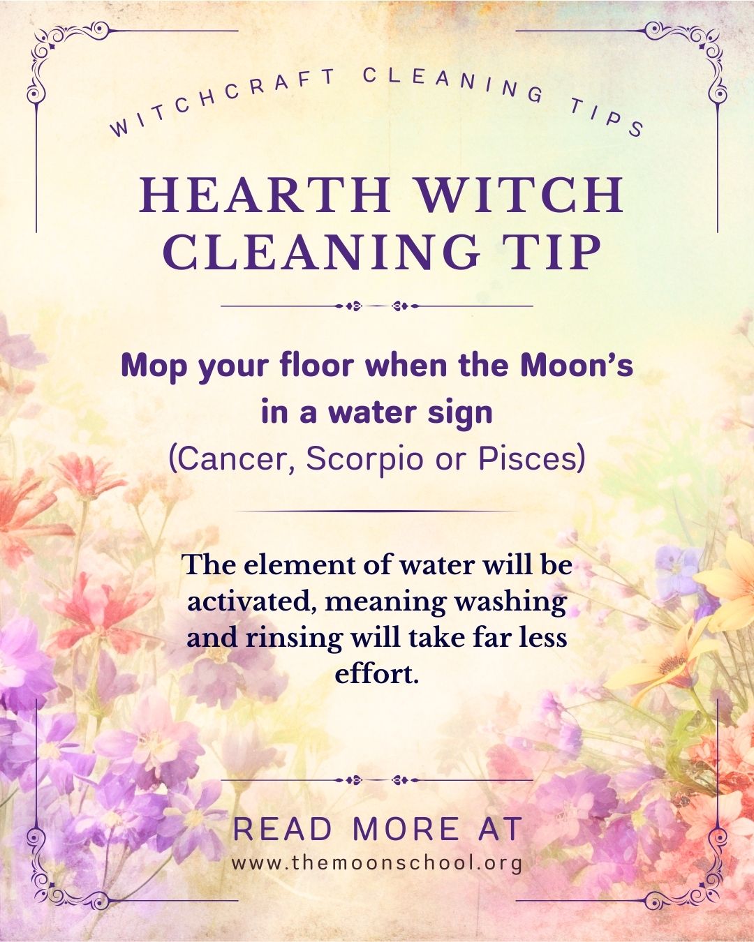Beautiful floral grimoire page with a hearth witch cleaning tips to enchant mop water
