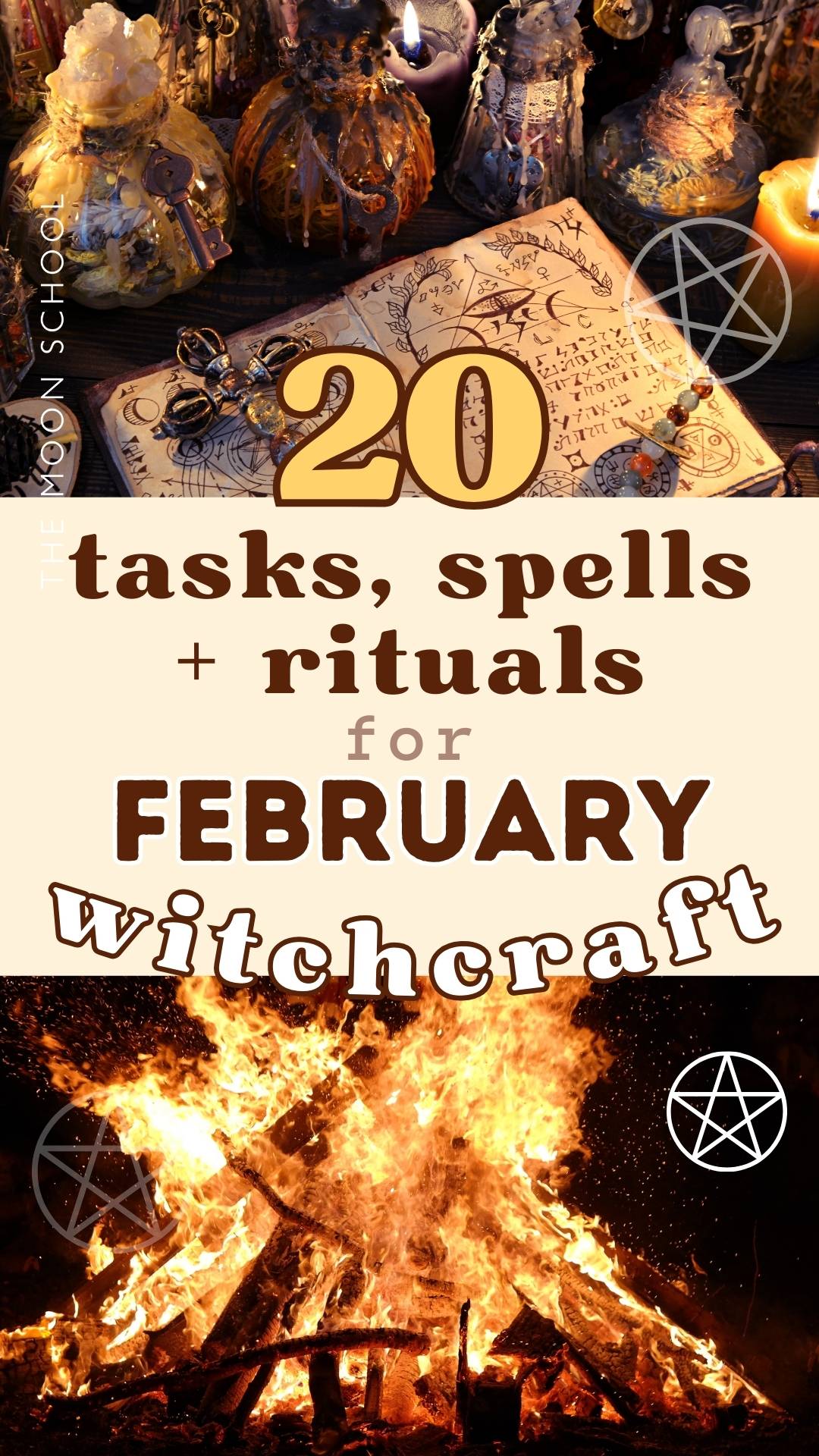 Collage pin showing february witchcraft aesthetic with fire and spellbook