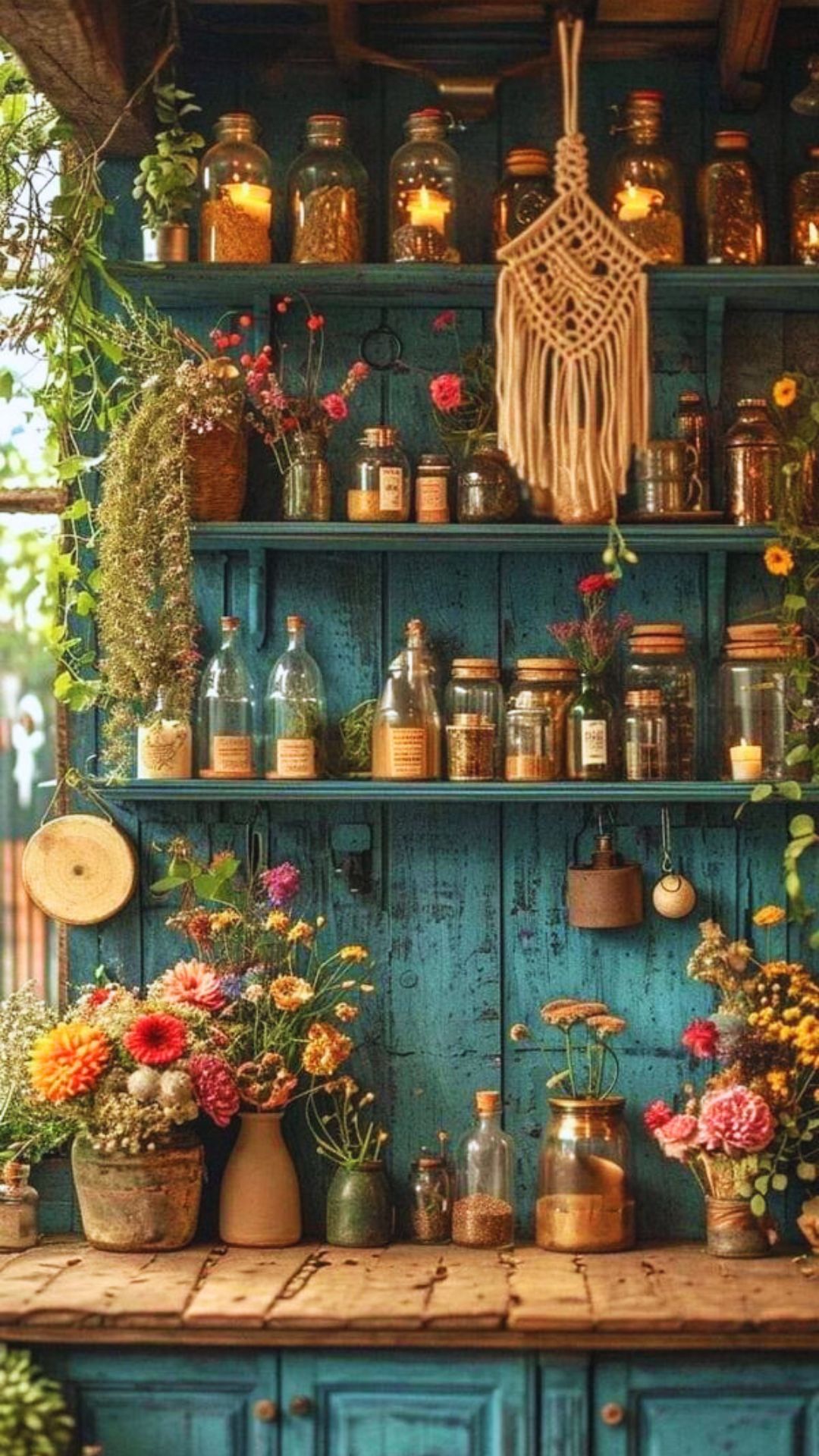 Kitchen witch aesthetic style with turquoise dresser holding apothecary style jars