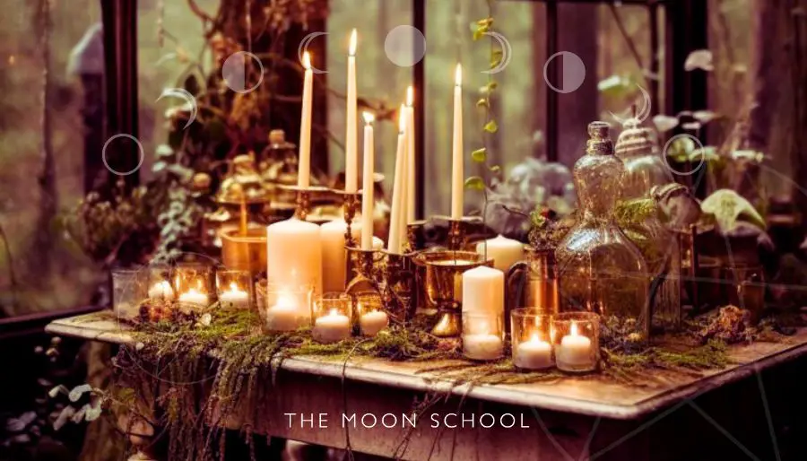 Cottage witch tablescape with candles and herbs, in a witchy kitchen aesthetic