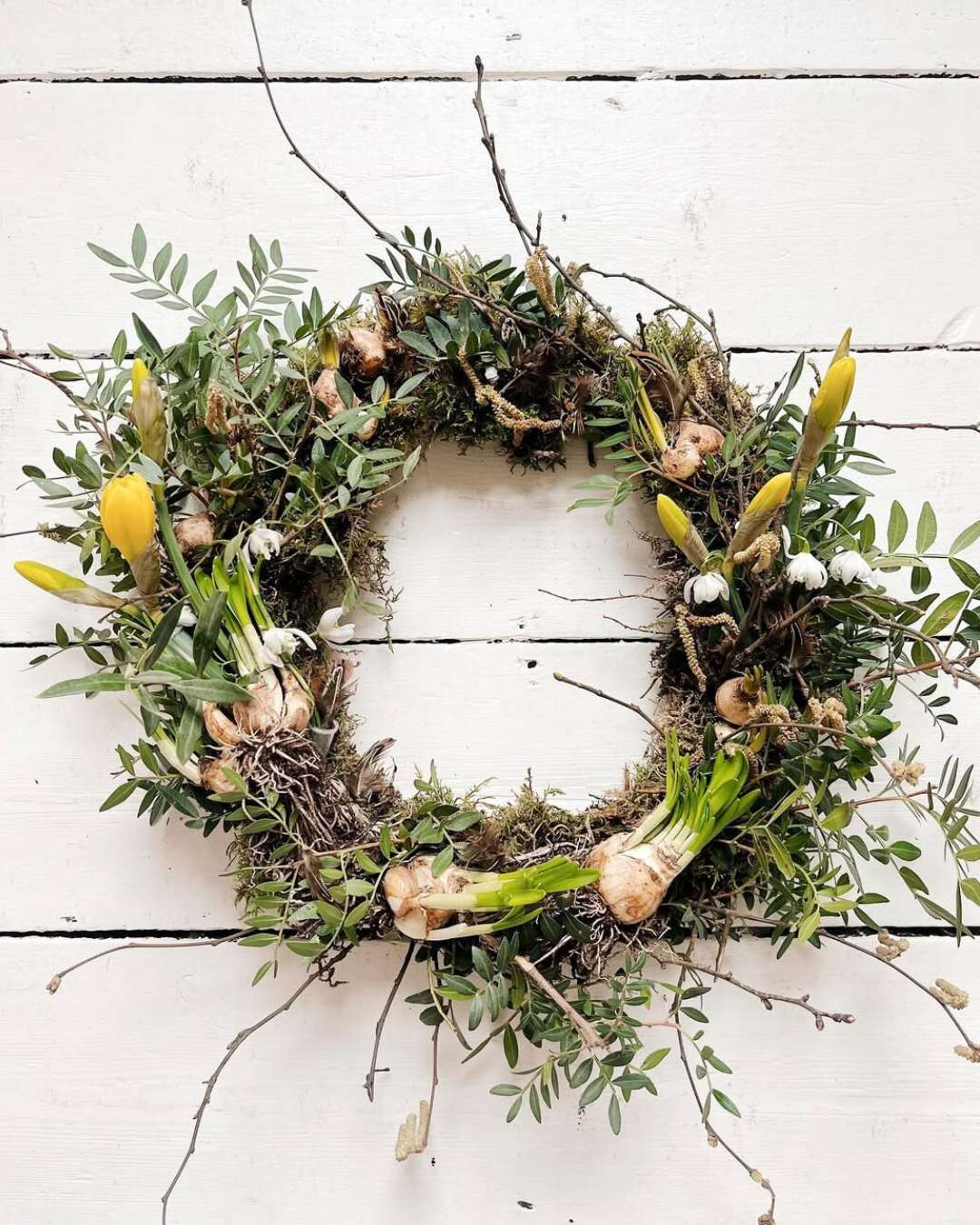 Living Spring wreath with bulbs and pale natural tones, on a white painted backdrop