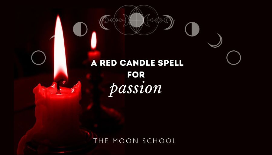 A red candle burning on a black background, with title text: a red candle spell for passion