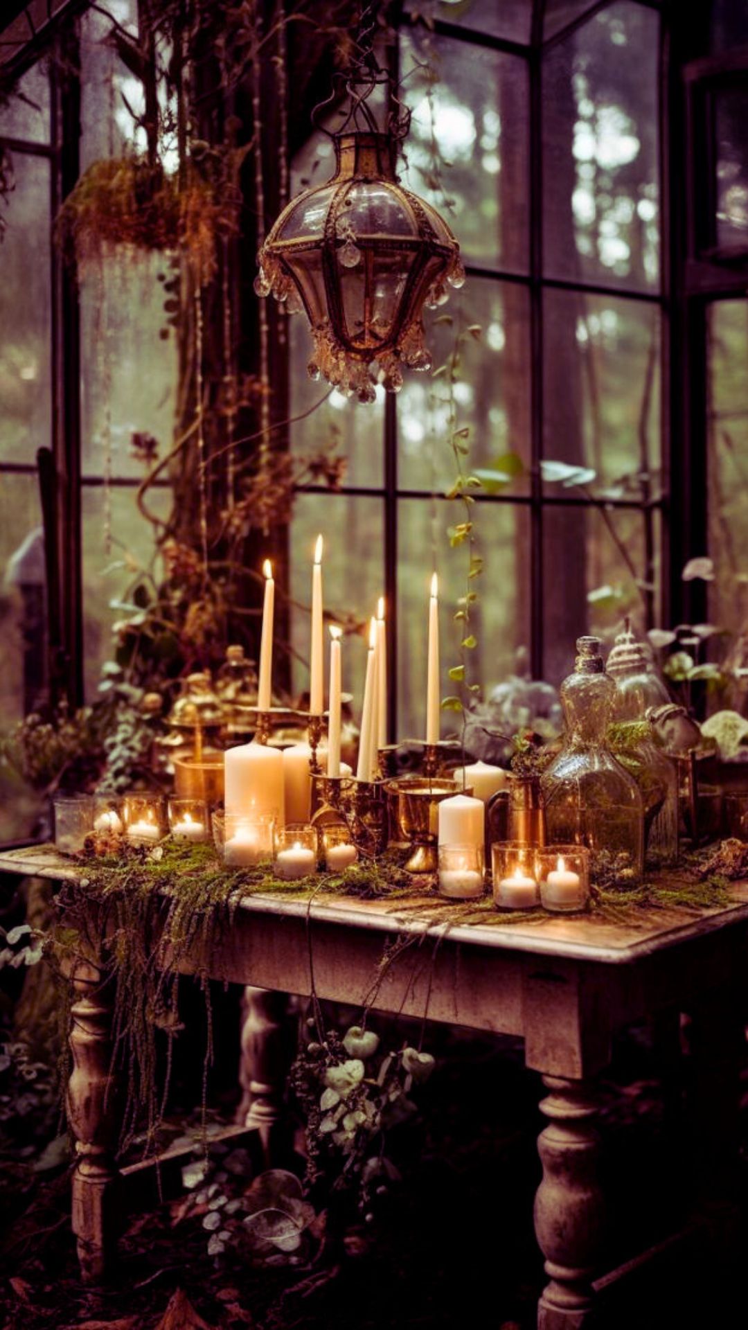 Beautiful witchy kitchen table aesthetic with lots of candles