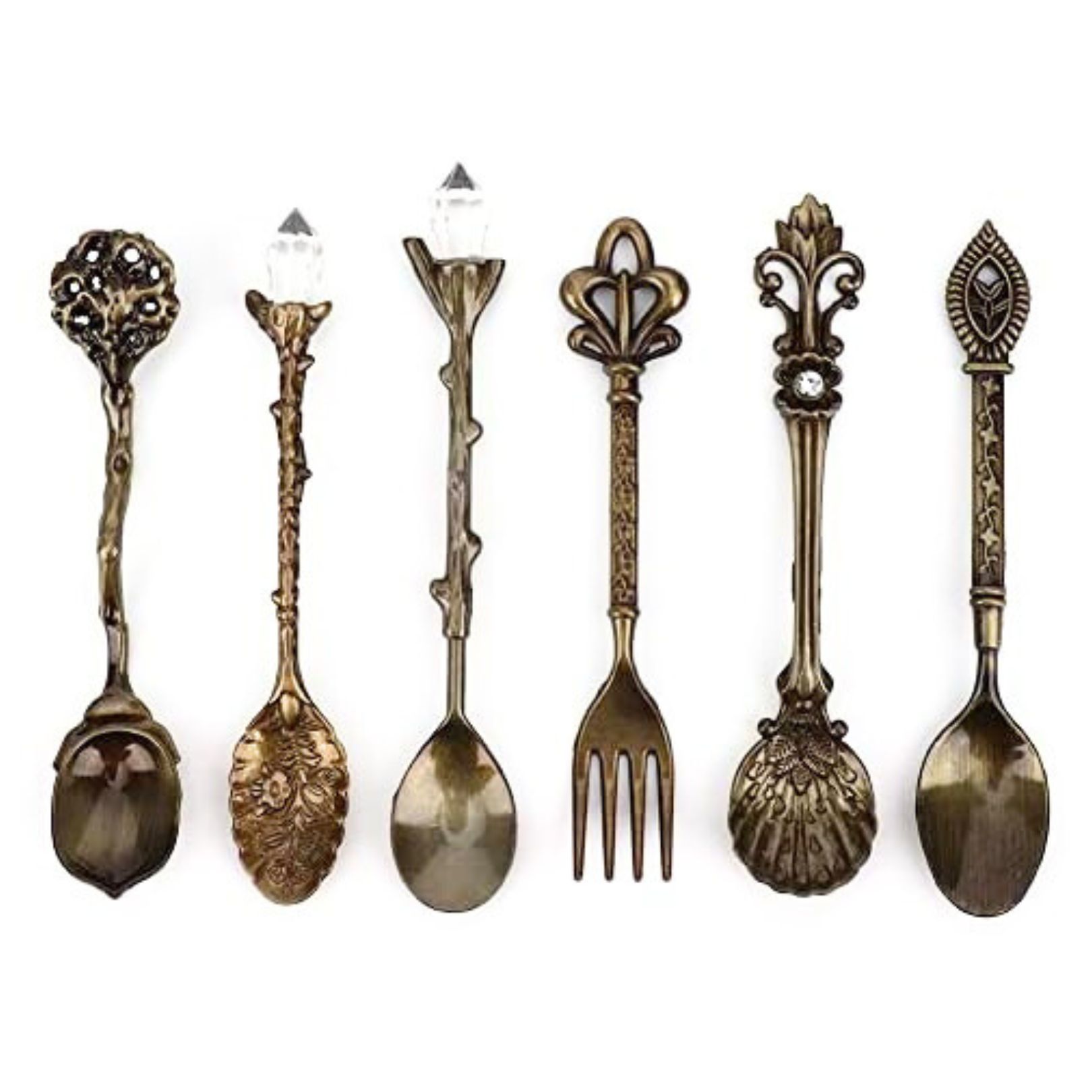 Set of 6 Witchy gothic style coffee and cake spoons in an ornate, decorative style with crystal tops