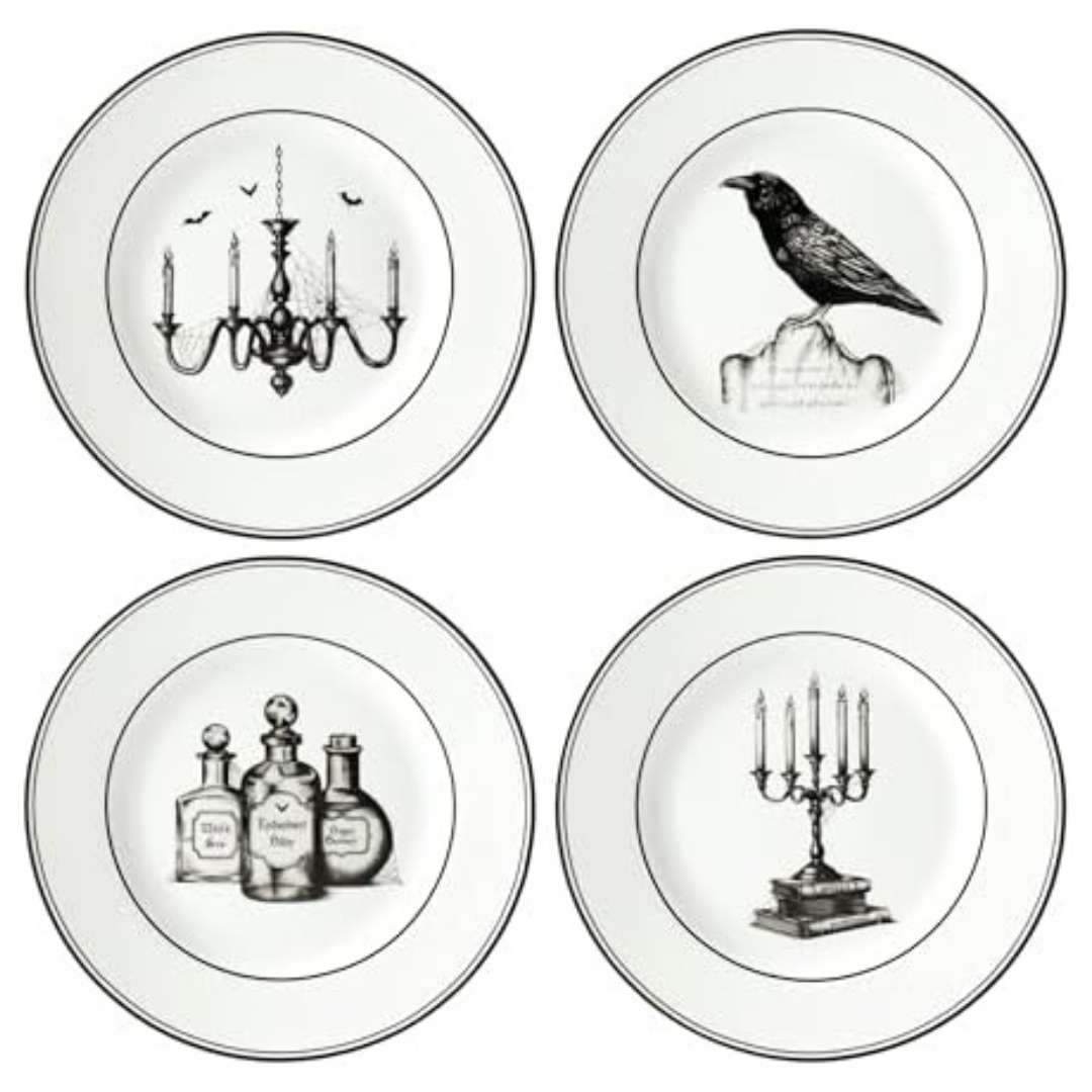 Set of 4 Painted Gothic witch plates with witchy motifs in black (a raven, potion bottles, candelabra and ornate candle holder