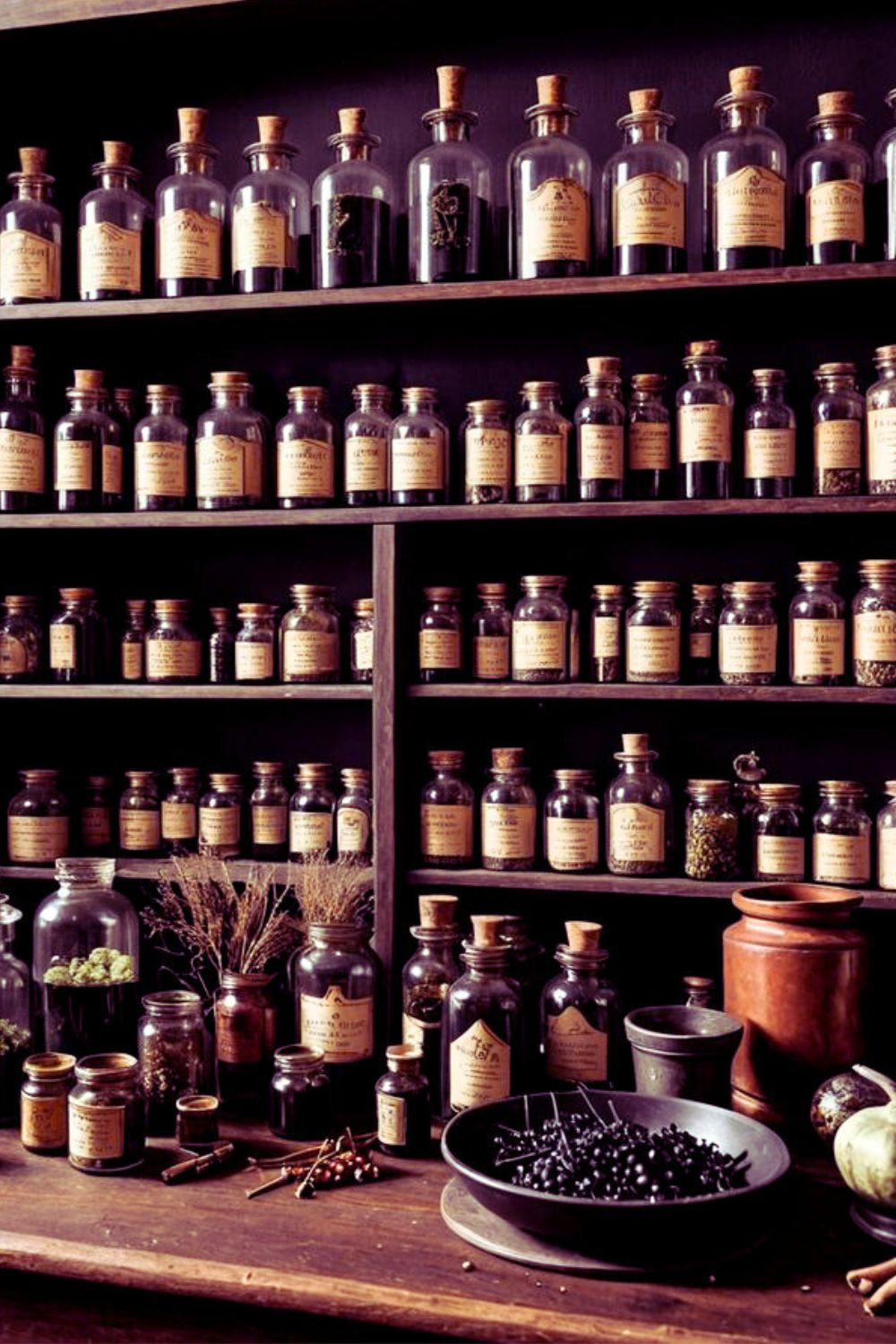 Image of a witchy pantry shelf showing rows of potion bottles and magickal herb jars lines up in a witchy decor aesthetic