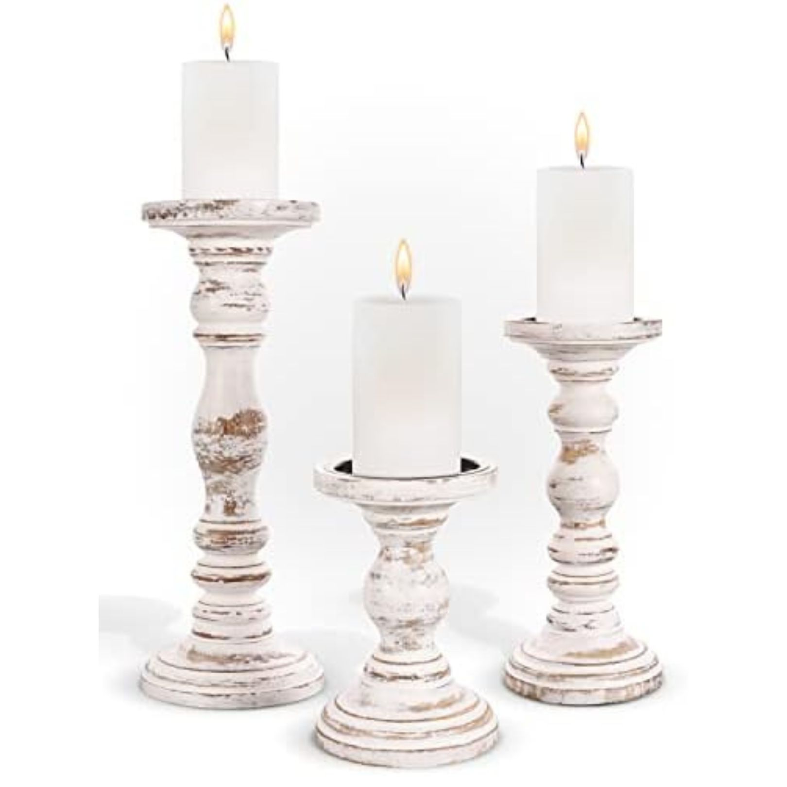 Set of 3 rustic white wooden candle holders boho kitchen style