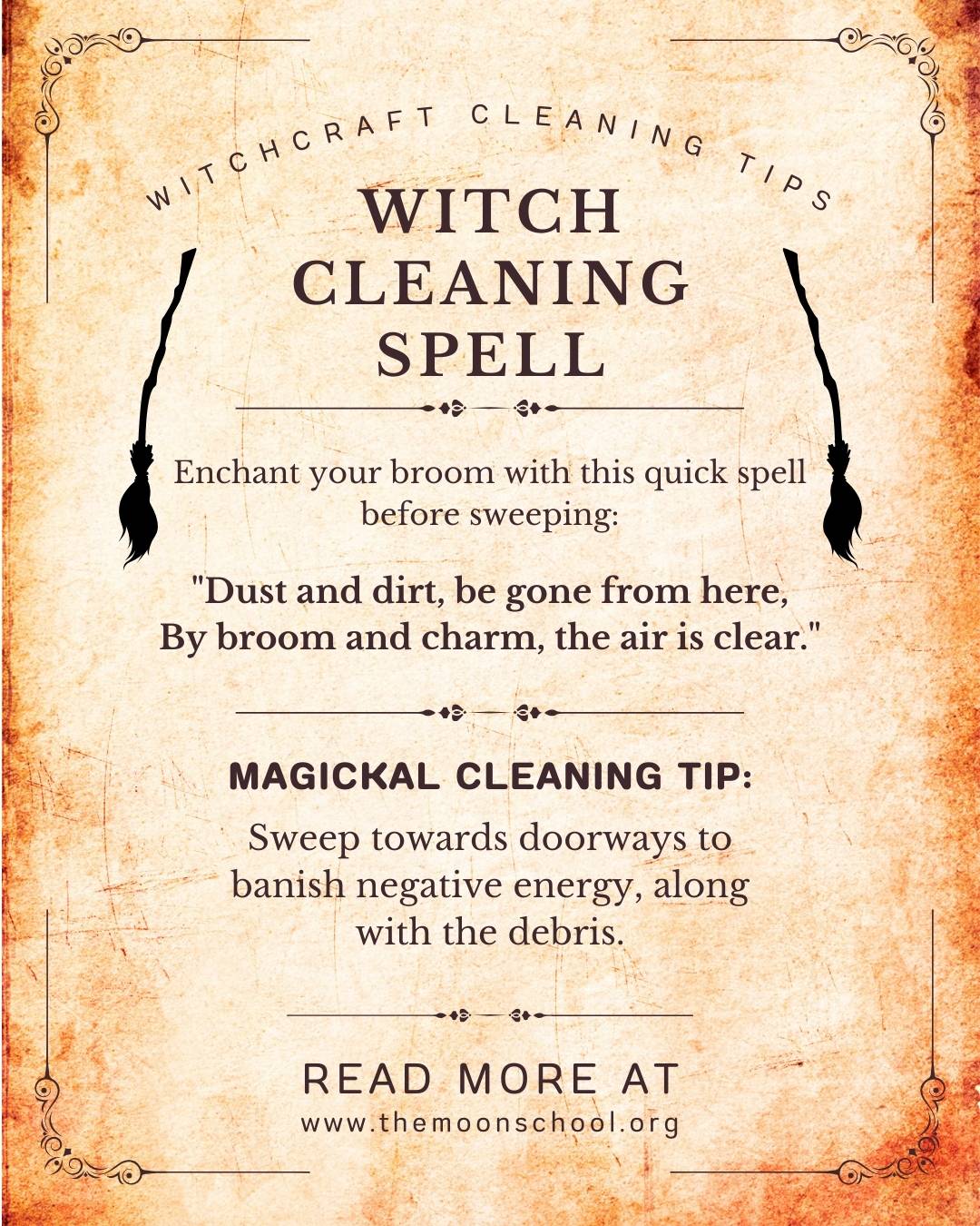 Book of shadows grimoire page showing a witch cleaning spell with symbols of besom brooms