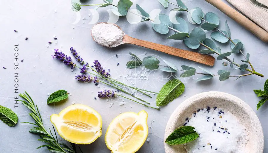 Minimal editorial image of natural cleaning products on a work surface