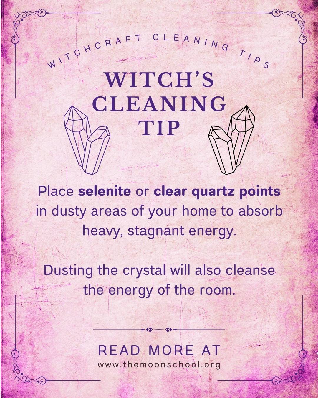 Pink house witch book of shadows page with a witchcraft cottage witch spell using crystals for a house cleansing