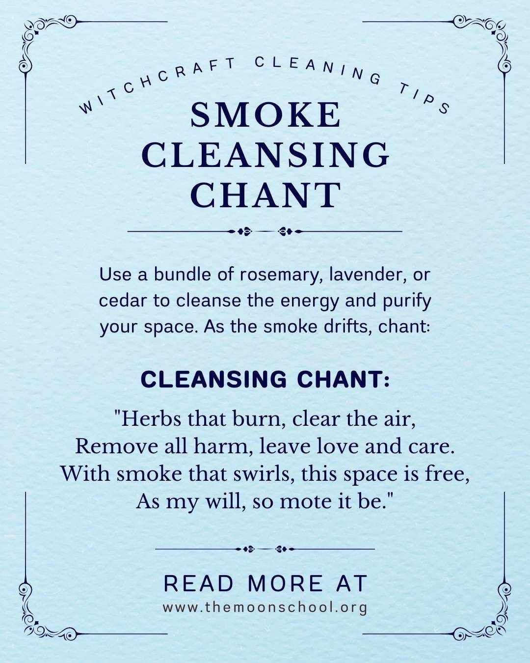 Blue grimoire page showing a smoke cleansing chant for a witch's house cleansing spell