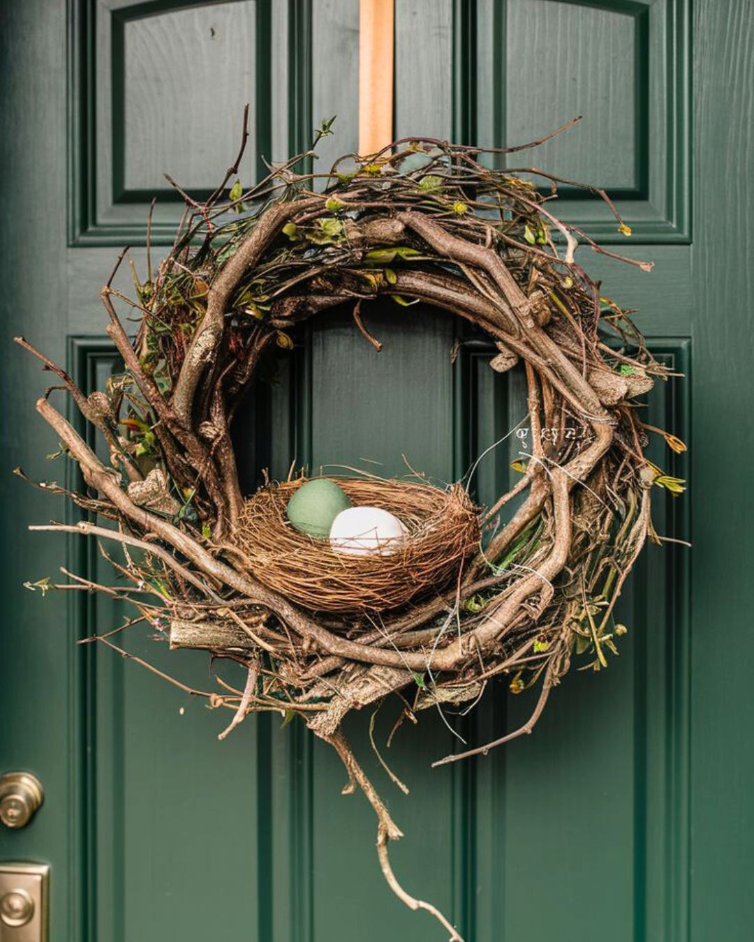 Dark green door with rustic spring wreath and birds nest hanging 