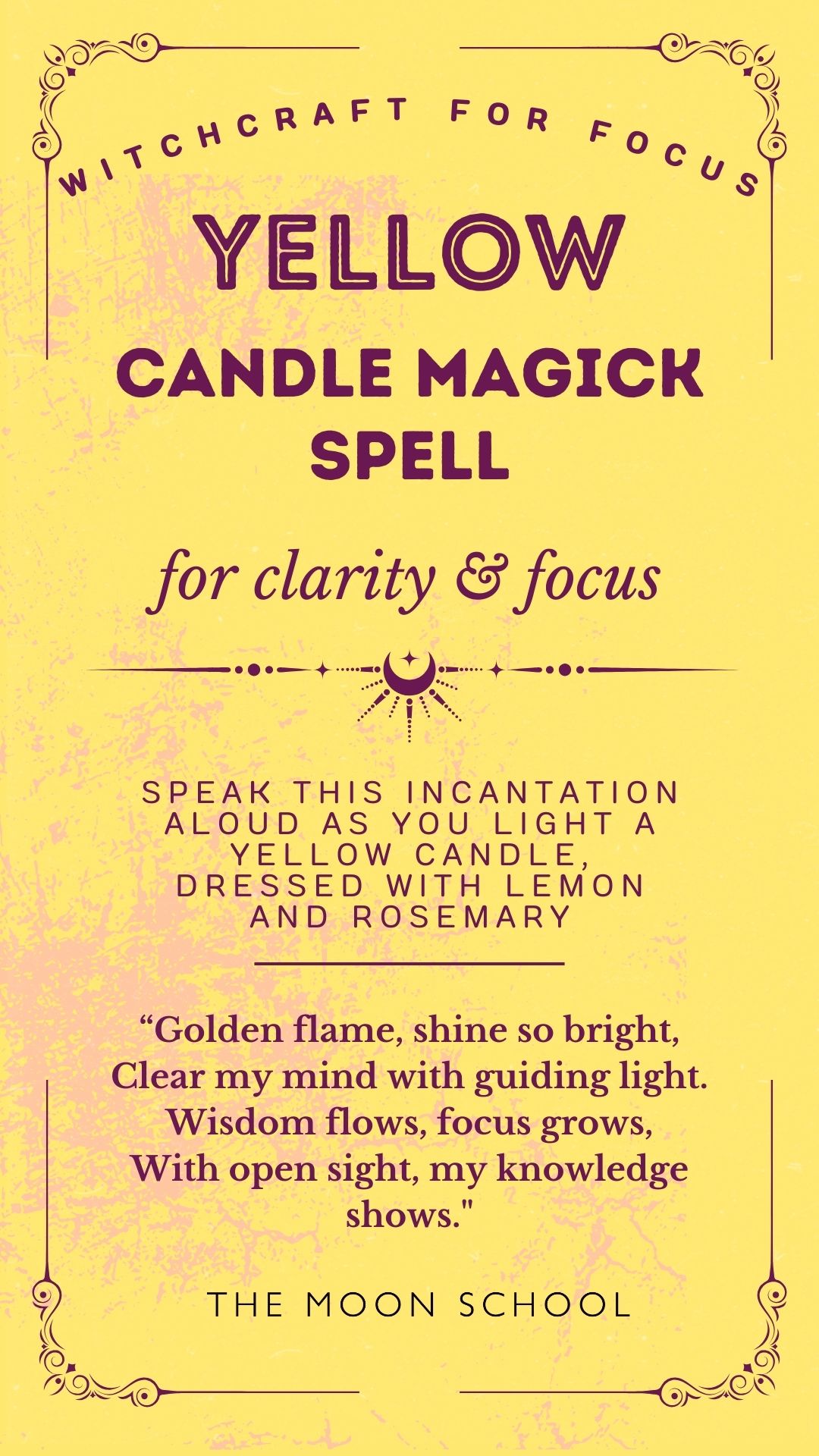 Yellow book of shadows page detailing a yelllow candle magick spell chant to call in clarity and focus
