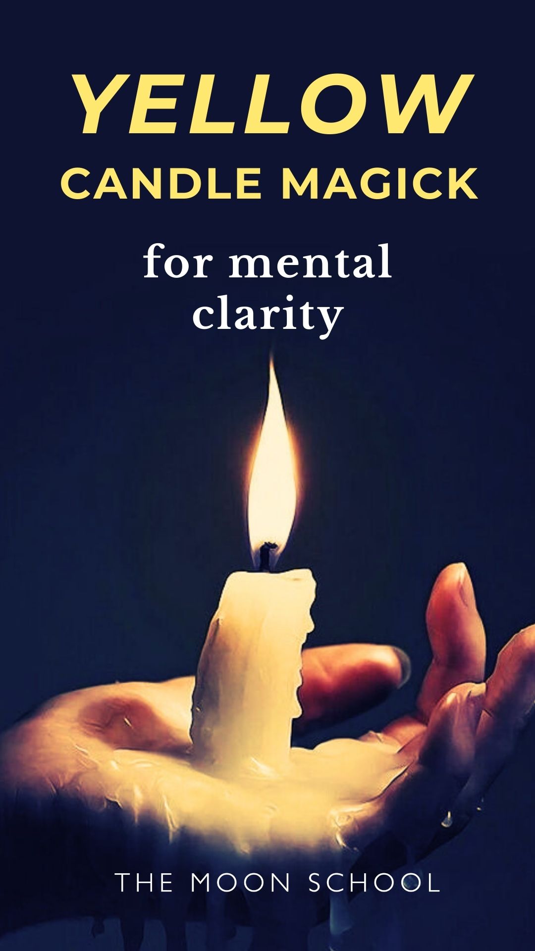WItch holding a yellow candle in her palm with yellow candle magick for mental clarity written in yellow