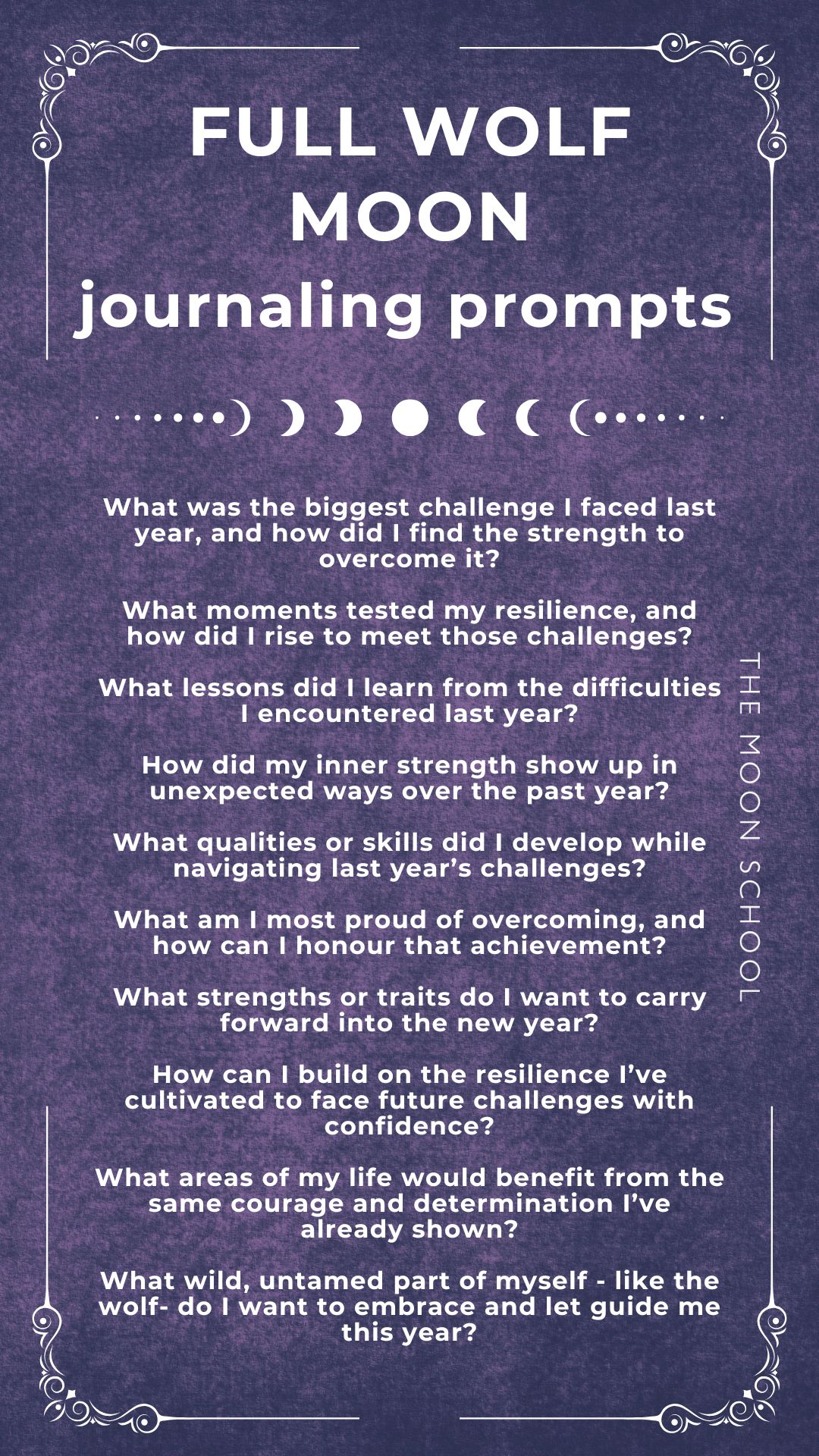 Dark purple grimoire page with a list of journaling prompts for the full wolf moon in January