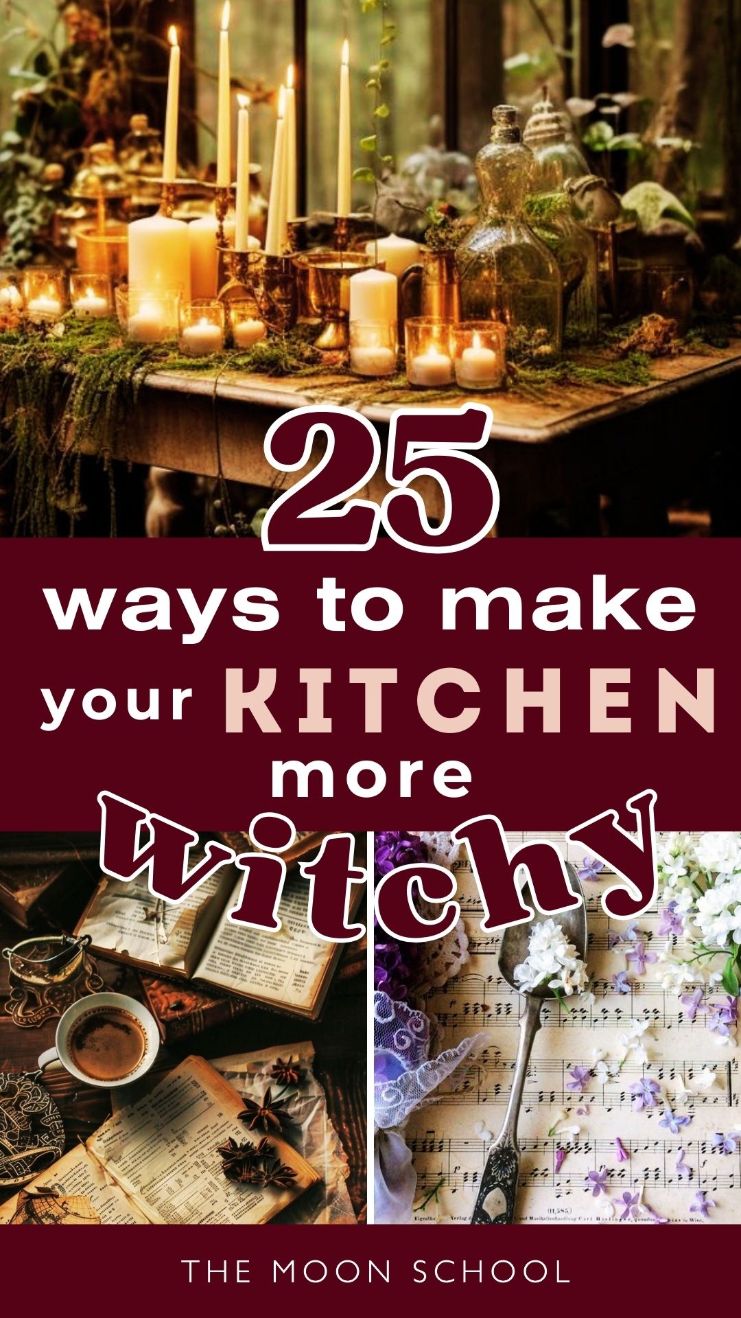 3 image collage of witchy kitchen ideas, copper pans, dark apothecary cabinetry