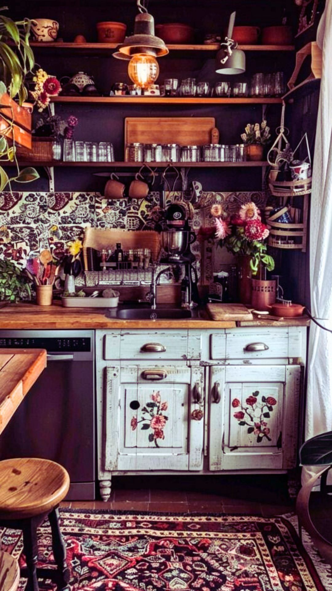 Stunning boho witchy kitchen with painted cupboards and cottage aesthetic