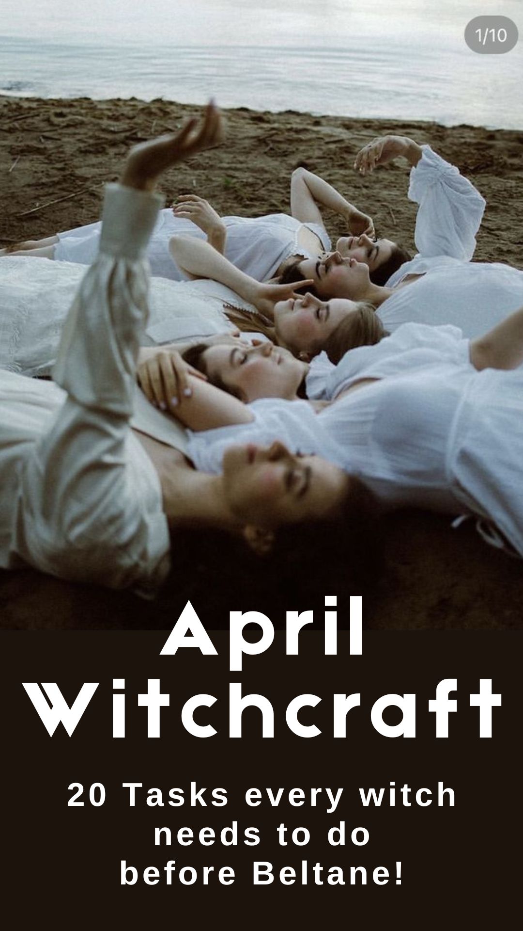Photo of white witches laying down on the earth together with title: April Witchcraft, 20 Tasks every witch needs to do before beltane