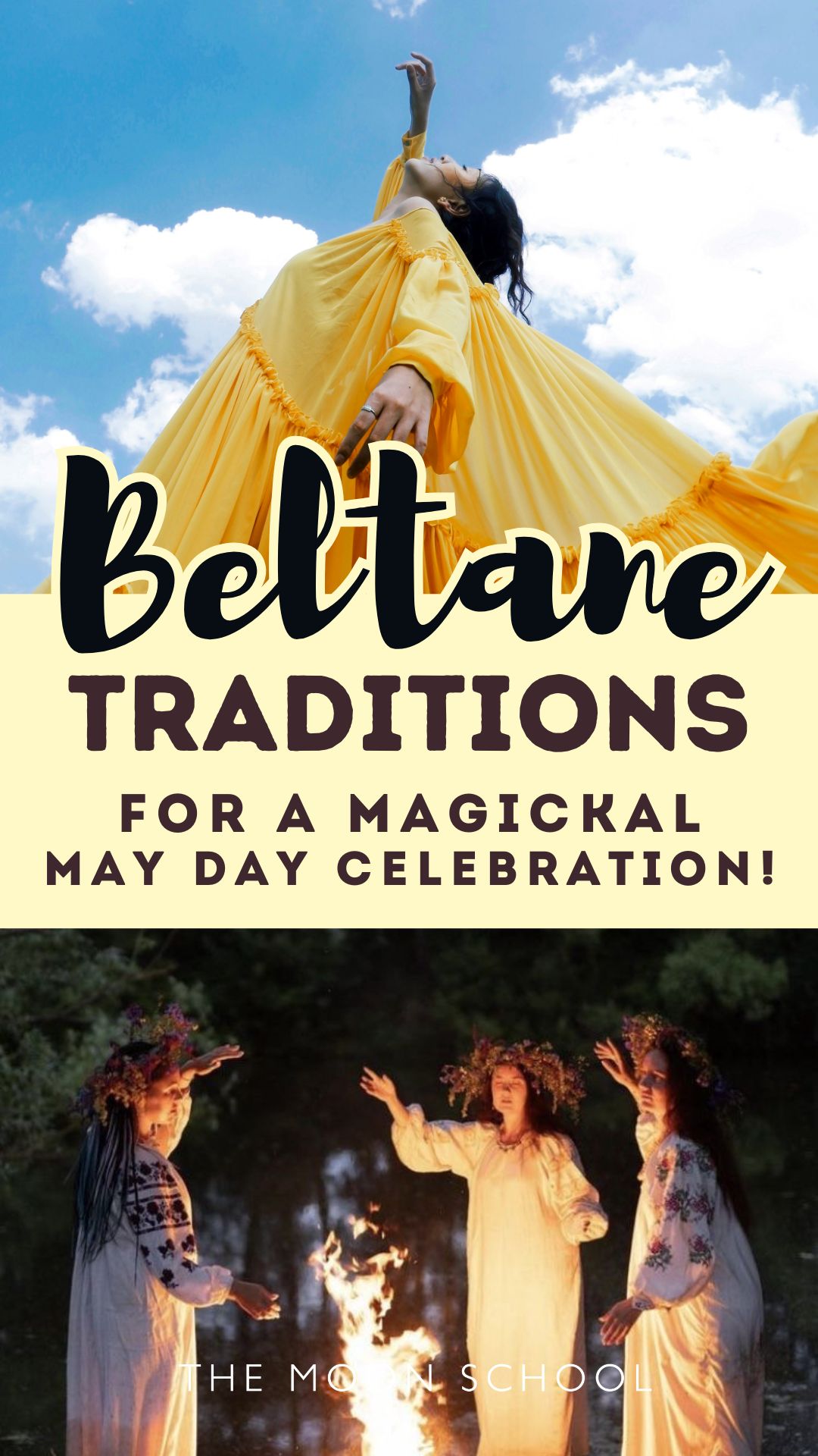 Witchy women dancing around a may pole for May Day and text: Beltane traditions