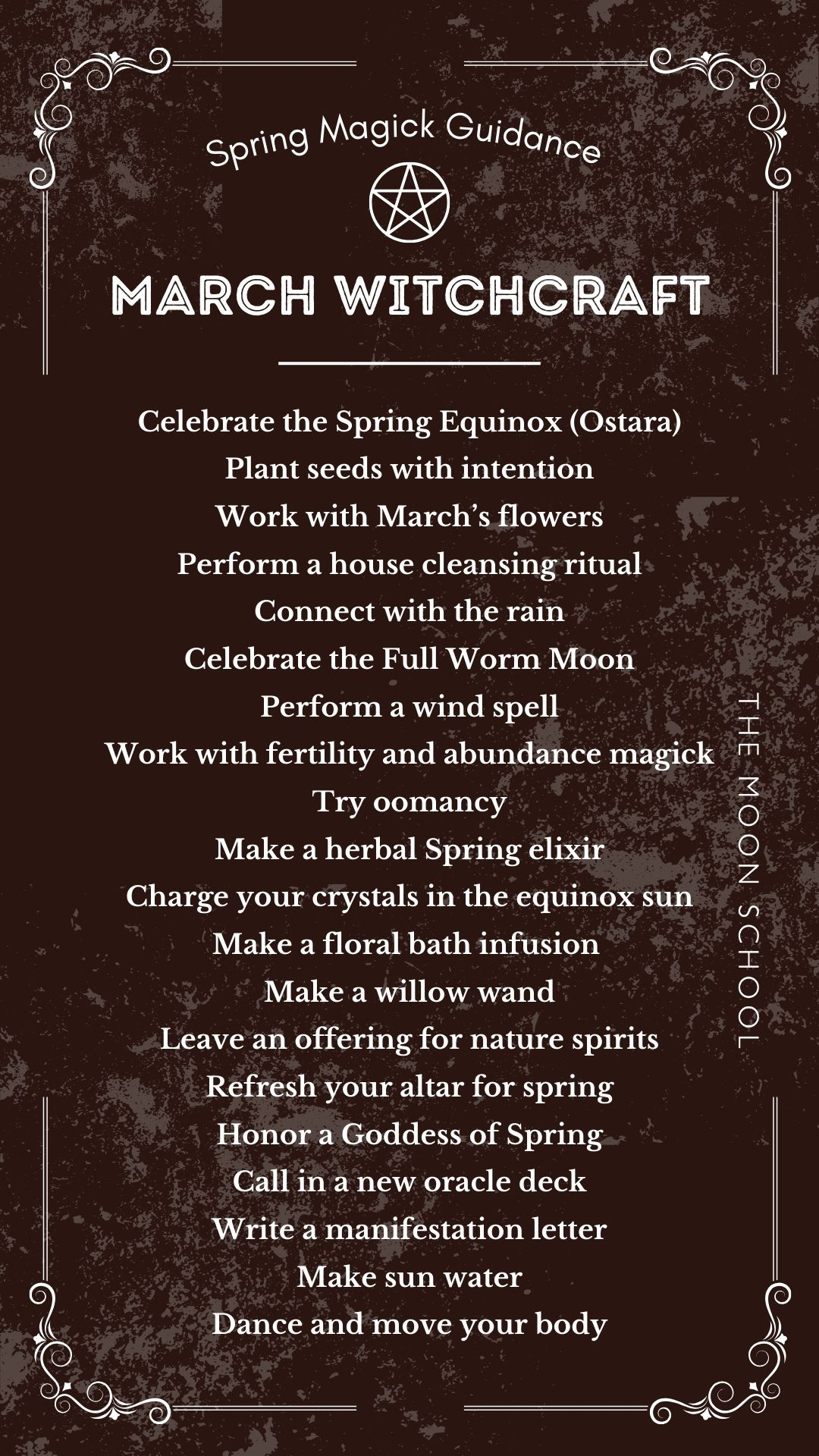 Dark brown witch spellbook page and guide for SPring tasks, spells and magick tips to perfomr in MArch