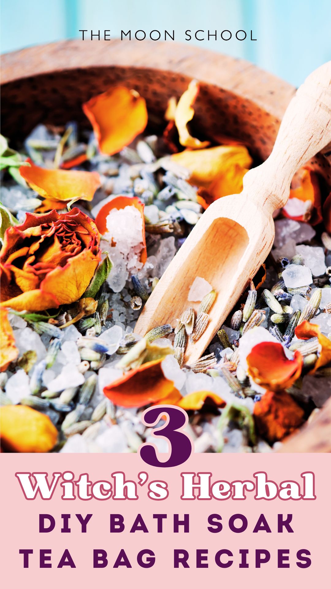 Image of a DIY herbal witchy bath soak mix with a wooden scoop. Seasonal self care aesthetic