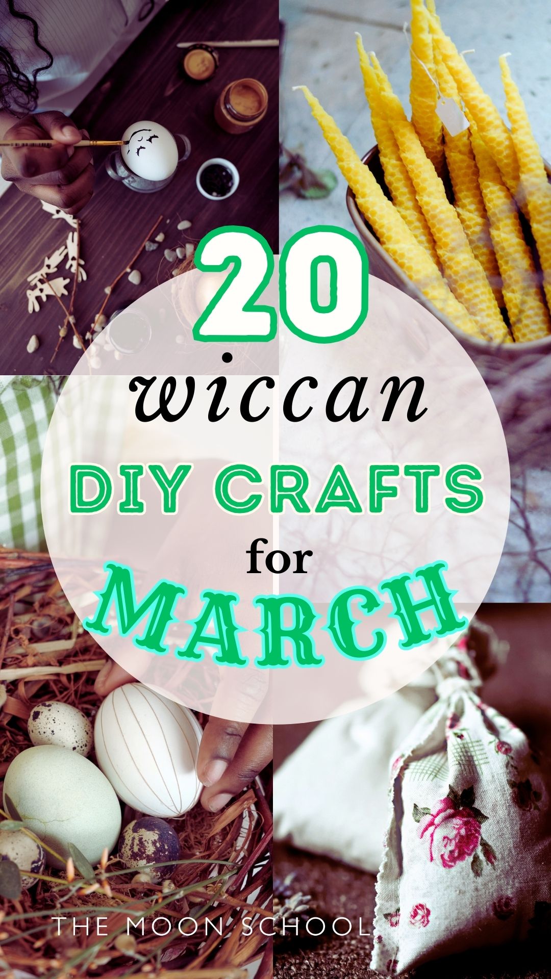 collage of 4 spring craft aesthetic images in white and green tones