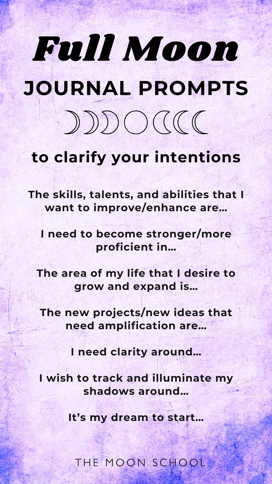 List of full moon ritual journal prompts on a lilac old paper background like a witch's book of shadows